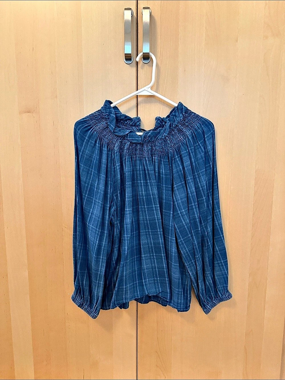 J.Crew Plaid Smocked-Neck Top Plaid Blouse in denim. Size Large